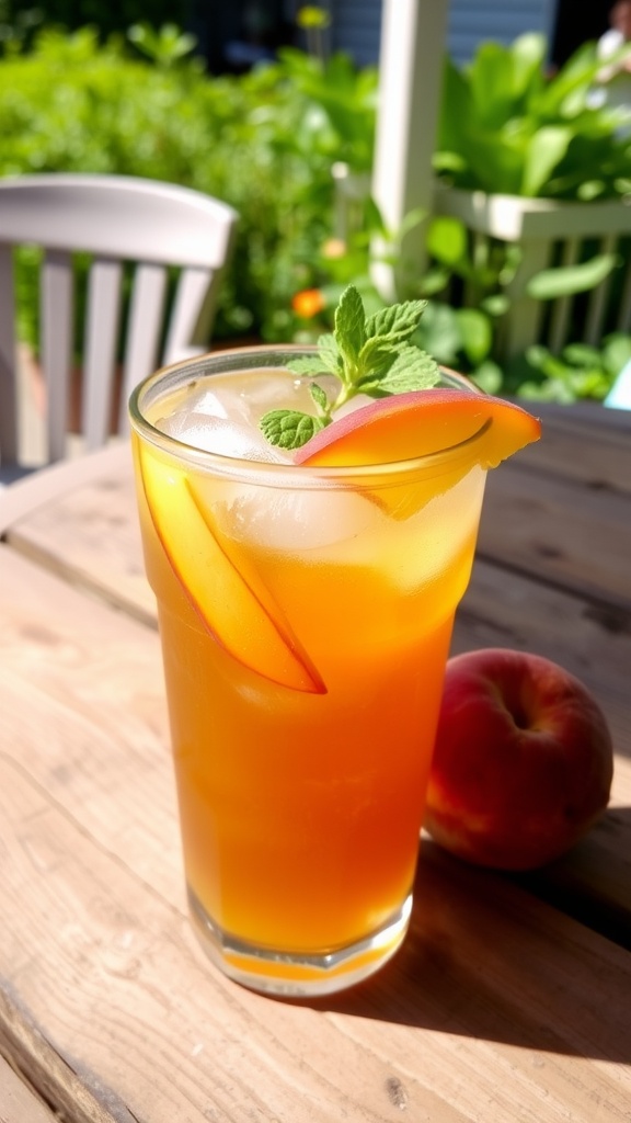 A glass of peach vodka iced tea with ice, peach slices, and mint on a wooden table in a sunny outdoor setting.